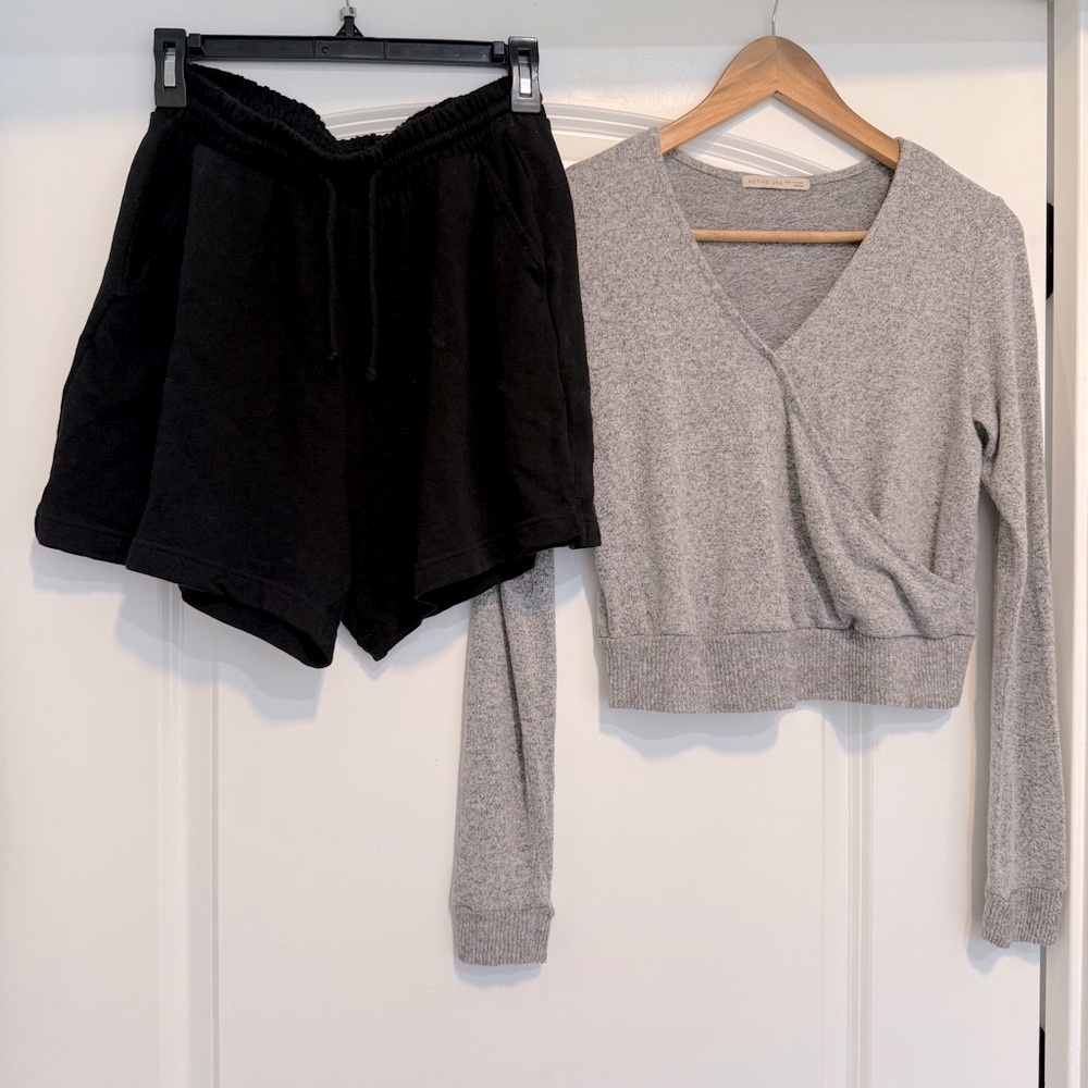 Gray Wrap Sweater and Black Shorts Set S/M